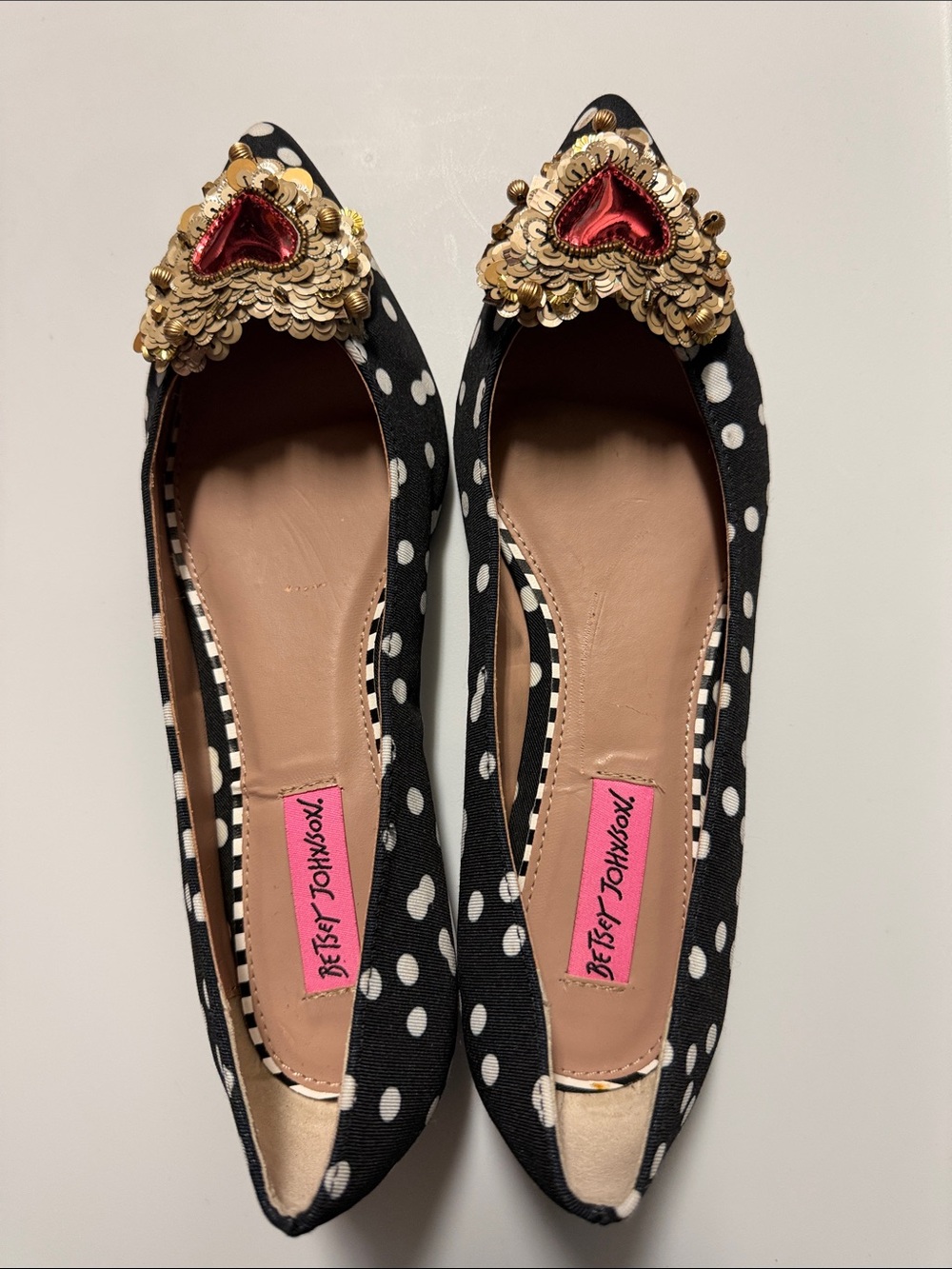 Betsey Johnson Black & White Polka Dot Flats with Gold Sequin and Red Heart
